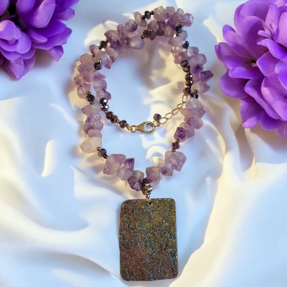 Artistic Amethyst Purple Clear Crystal Necklace Druzy Pyrite Agate Pendant